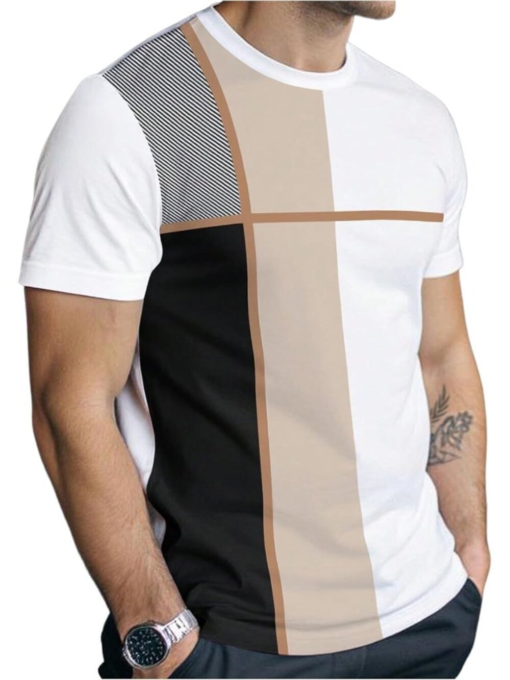 Men's Multicolor Casual T-Shirt Short Sleeve Color Block Crew Neck Graphic Tee